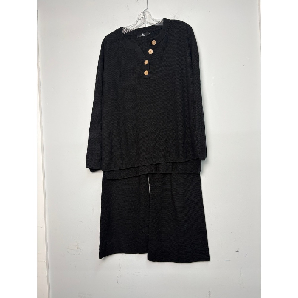 LILLUSORY Black Knit 2 Piece Set Henley Top Wide Leg Pants XL Casual Minimalist